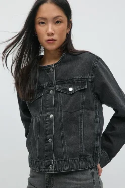 Collarless denim jacket