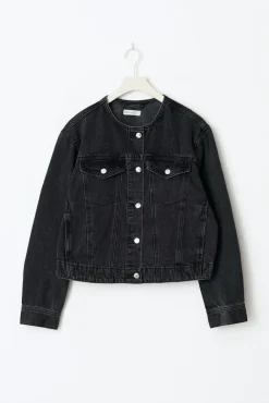 Collarless denim jacket