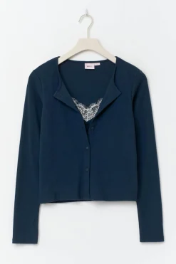 14+ 2 in 1 lace rib cardigan